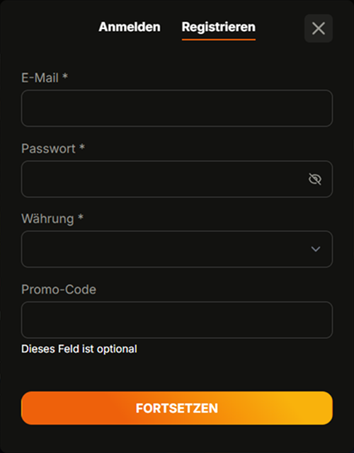 registration Registrierung E-Mail Passwort Währung Promo-Code